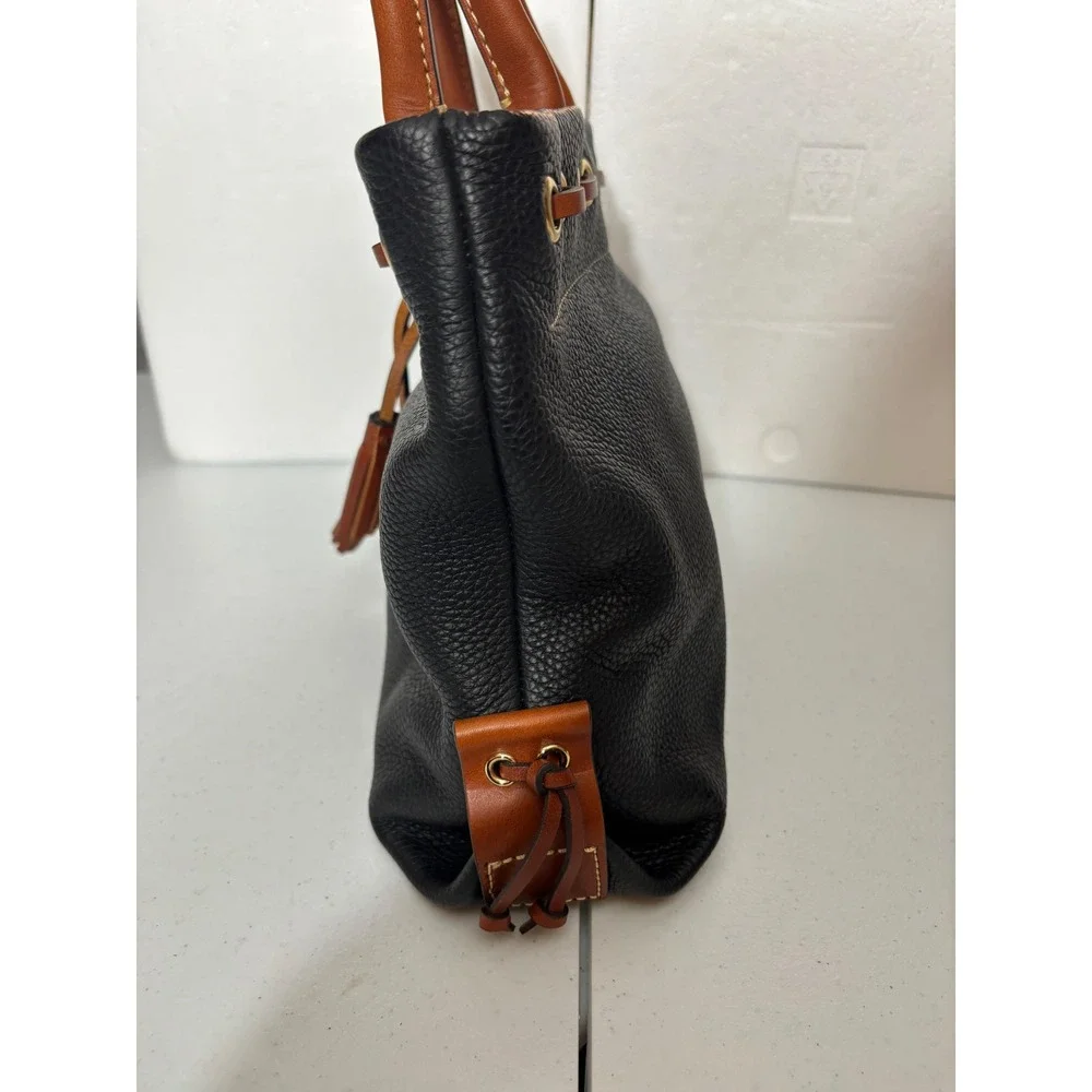 Dooney & Bourke Black Pebble Leather Drawstring Satchel Handbag‎ Tan Trim